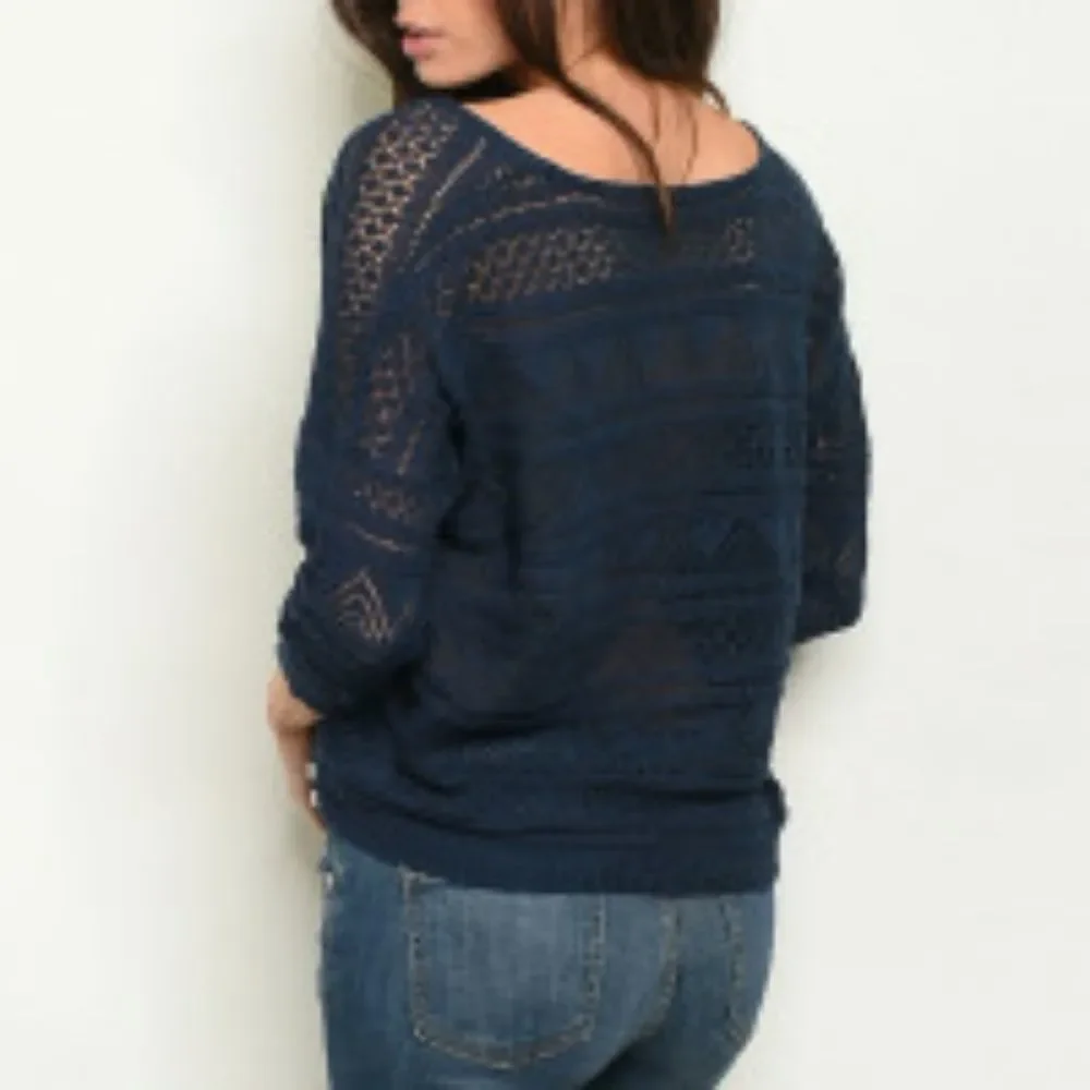 Women's V Neck 3/4 Sleeve Crochet Light Knit Top - Picture 2 of 4